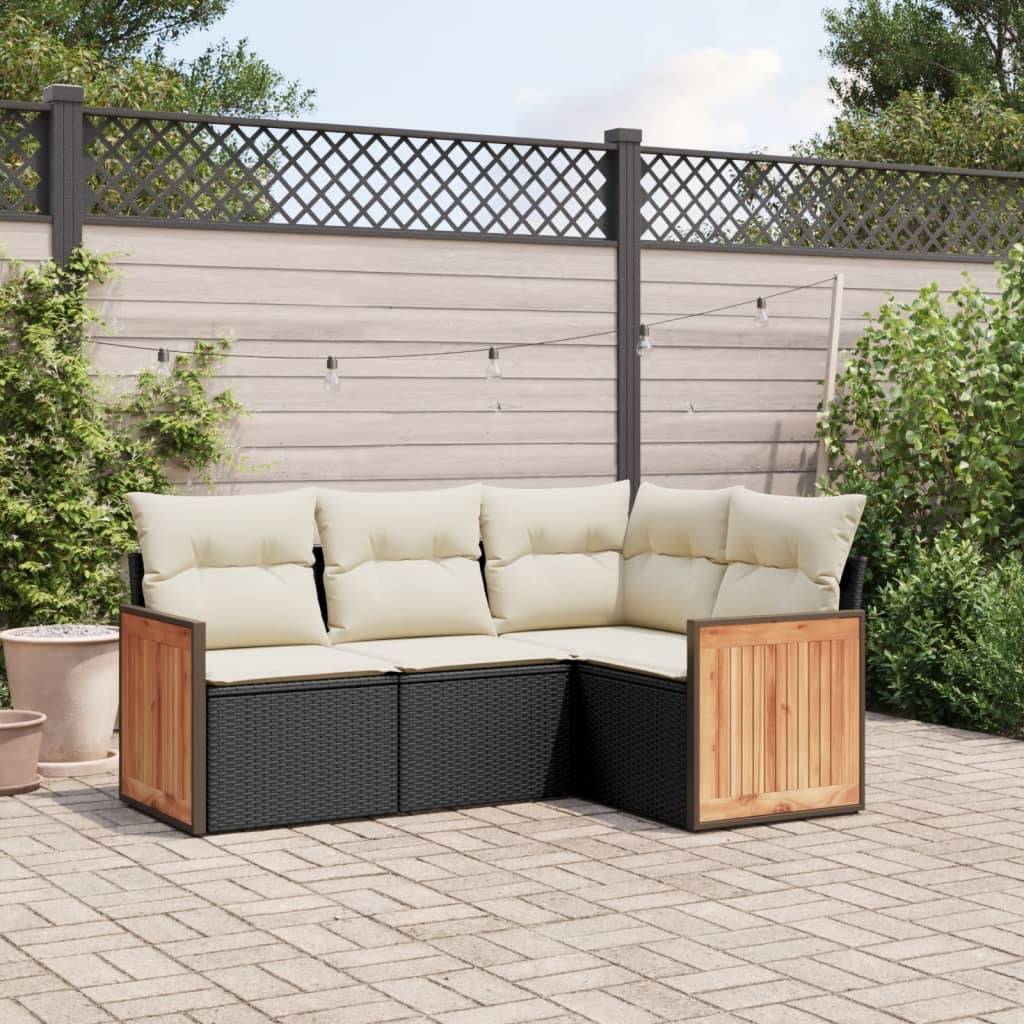 Sofasæt Til Haven 4 Dele Med Hynder Polyrattan - Sort og cremefarvet / Uden bord