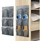 QUMENEY Shoe Storage Organisatör med krok, vikbar organisation, 12 stora djupa tygfickor, garderobsorganisatör, smal dörr, skoorganisatör (grå)