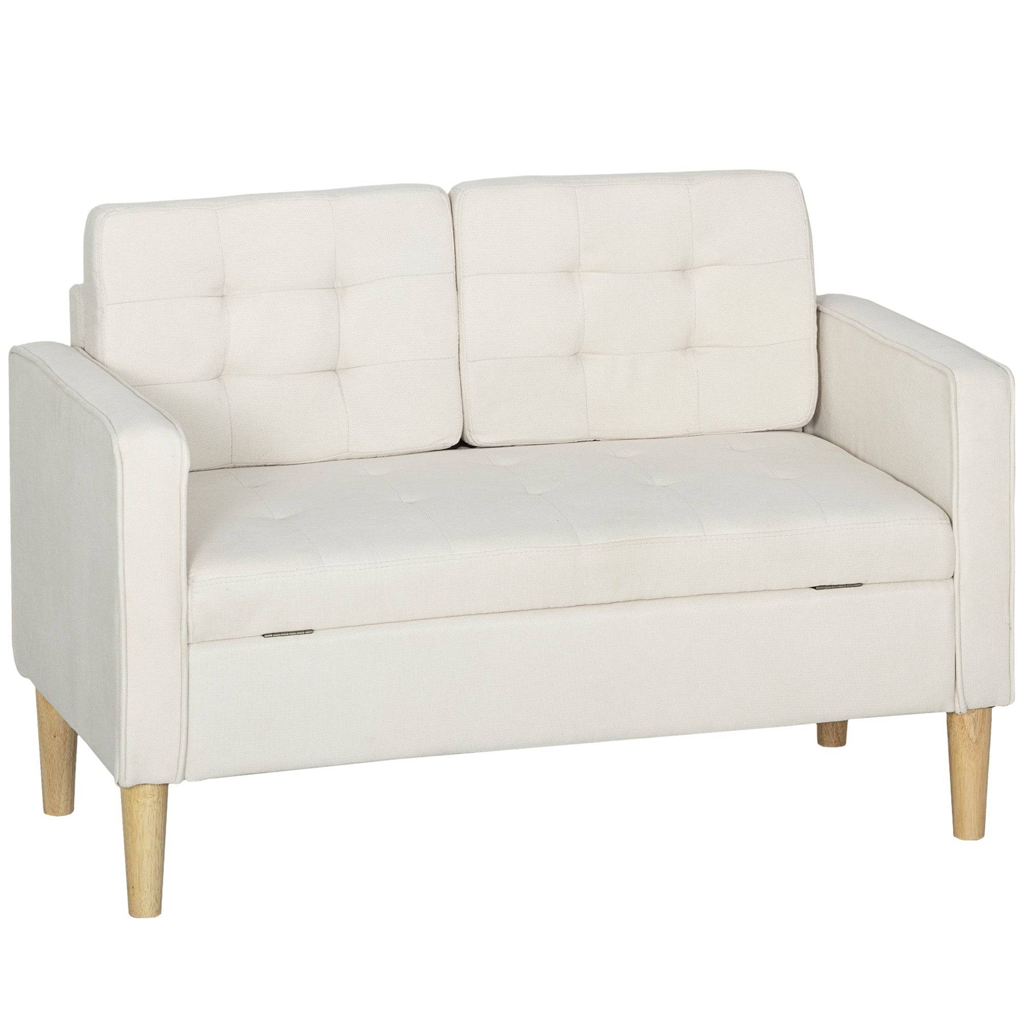To-personers sofa med opbevaring, knapsyet kant, hynder, gummitræ, 117x62x78 cm, cremehvid