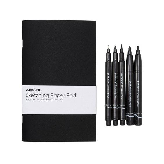 Skiss-set med allt för att skissa med tusch – 5 tuschpennor & 13×21 cm skissbok, 20 ark