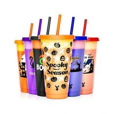 Plastmuggar med färgskiftande lock och sugrör för iskaffe, fest, pool - Återanvändbara plastmuggar för barn och vuxna - 6 st 24oz PP halmkopp (700ml)