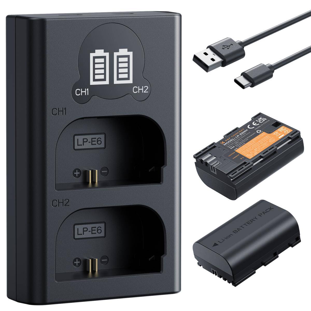 KENTFAITH KENTFAITH LP-E6NH Replacement Battery and Charger Set, 2 Pack 2600mAh Batteries for Canon EOS R7 R6 R5 5D Mark II/III/IV 6D 6D Mark II 7D II 90D 80D 70D