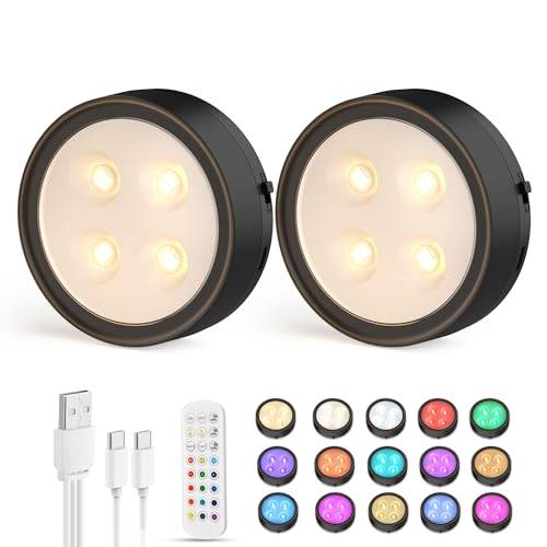 Onumii USB Aufladbar LED Unterbauleuchte Akku Schrankbeleuchtung mit Fernbedienung Magnetisch Kabellos Vitrinenbeleuchtung Dimmbar für Schrank, Kleiderschrank, Küche, Schlafzimmer (2er Pack Schwarz)