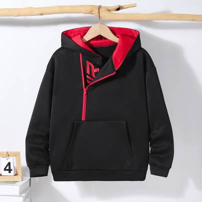 Casual bekväm patchwork-hoodiejacka med bokstavstryck för tween-pojkar, lämplig för vår, sommar, höst och vinter, perfekt för utomhuslek, skola, stree - Svart (8Y,9Y,10Y,11Y,12Y)