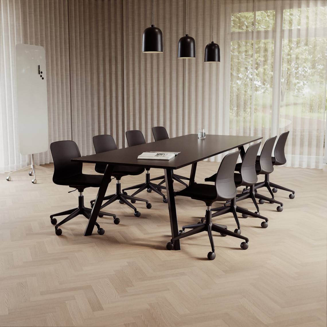 Konferencesæt Viggo + Ergo 006C, Størrelse 8 pladser (280 cm), Bordplade Sort, Understel Sort, Stol Sort.