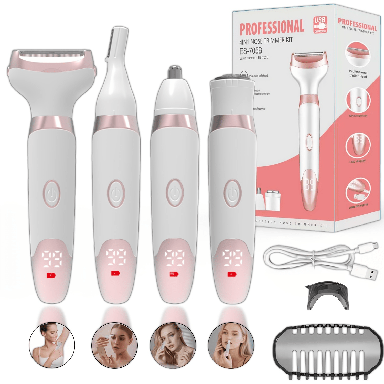 4-in-1 Painless Bikini Trimmer, Women's Electric Hair Remover - Portable Usb Charging, For Eyebrows, Underarms, Legs, Nose | Painless Facial Hair Removal Gift For Women