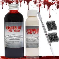 Halloween-konstblod, falskt blod, 100 ml, latexmjölk 60 ml, tvättbart konstblod, vampyrblod, zombieblod med 2 sminksvampar för halloween och cosplay