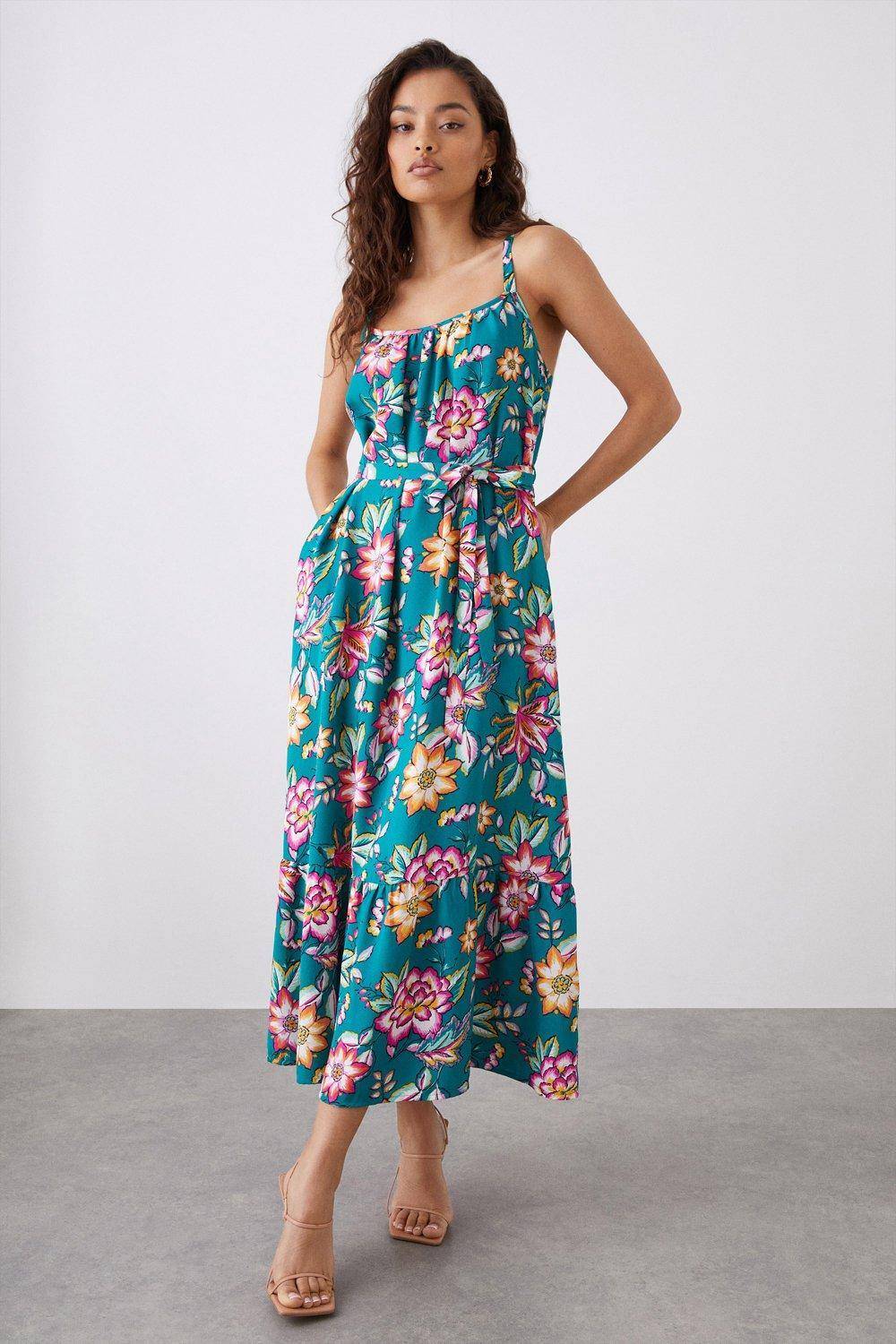 Petite Green Floral Tiered Pocket Midi Dress - green - 14
