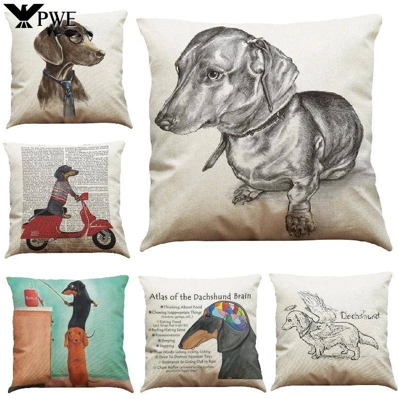 Tecknad Hundmatskydd Taxmönster Linne Kuddfodral Bil Sovrum Soffa Barnrum Dekorativt Kuddfodral 45*45cm