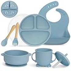 MOJINL Silikon bebisbestick, halkfritt barnporslin set med sugkopp, 7 stycken BPA-fri matbestick-set med sked gaffel skål haklapp baby mugg drickkopp och tallrik med lock