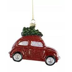 Rød julebil m. juletræ 11x7 cm
