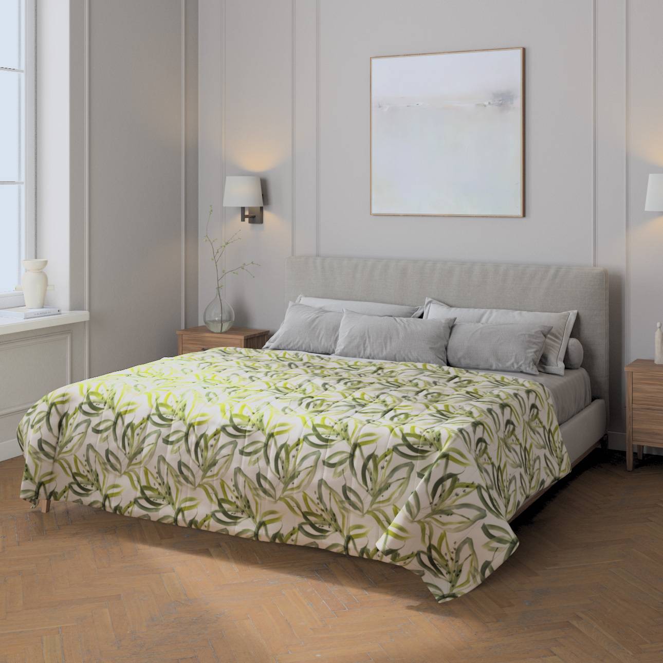 Sengetæppe quiltet<br/>10cm striber, Offwhite med print, Gardenia