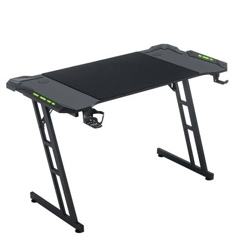 VA-Cerulean Gaming-bord, skrivbord, 140 x 60 cm, datorbord med hörlurskrok och mugghållare, stabil Z-ram, spelbord för hemmakontor (typ B, med LED)