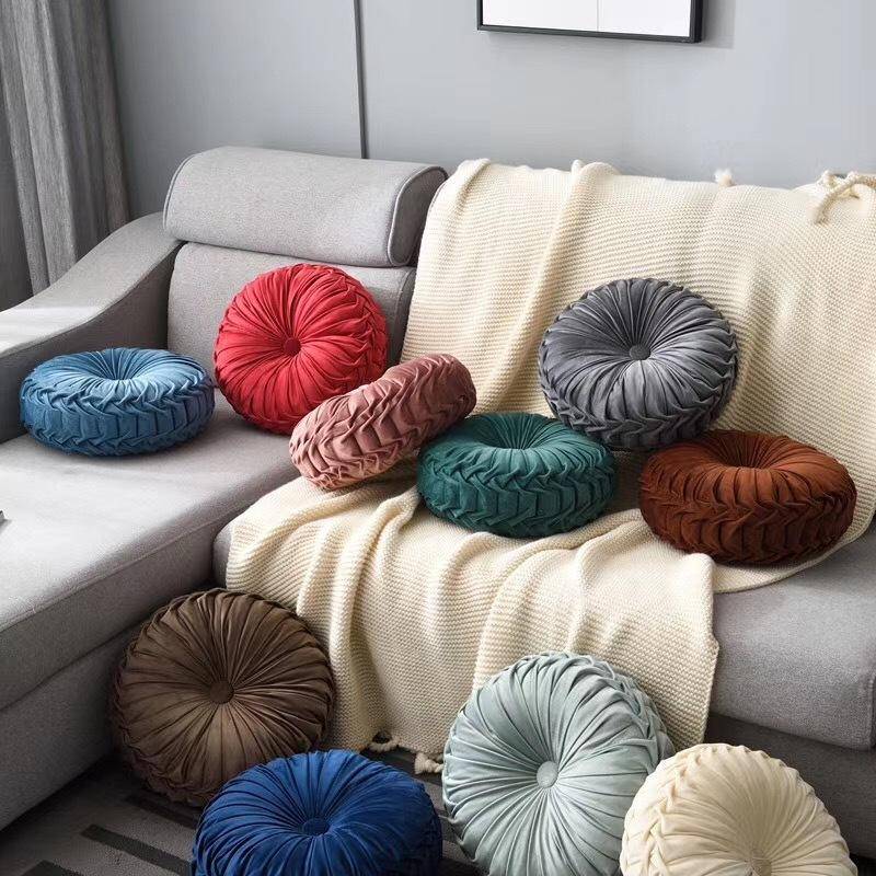 European Luxury Velvet Sittkudde Runt Tyg Handgjord Plisserad Hjul Pumpa Sittdyna 35cm vit