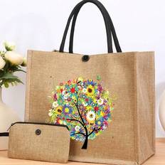Retro Linen Handbag Set, Fashionable Butterfly & Tree Print Shoulder Bag, Portable Travel Beach Bag And Shopping Tote - Khaki
