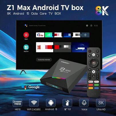 Android 15-system-TV-box, stöder IPTV, Allwinner H618 fyrkärnig processor, 4G/5G dubbelbands-WiFi, 8K/4K HD, Bluetooth 5.0, röststyrd fjärrkontroll