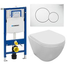 Komplet toiletpakke med Aqua flush, vægtoilet og Soft Close sæde, Geberit cisterne og hvid trykknap