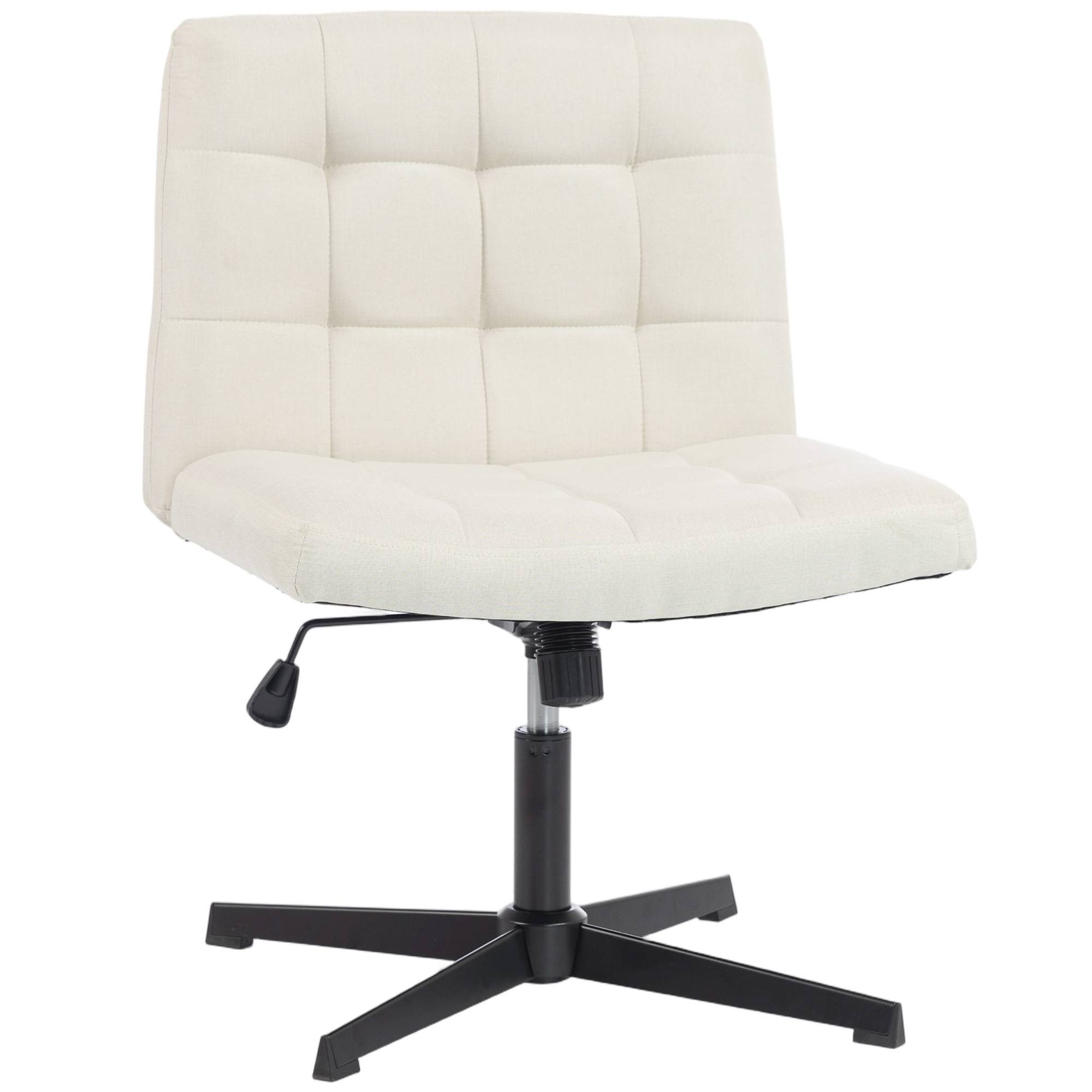 HOMCOM Armless Office Chair, Cross Legged Linen Computer Desk Vanity Chair with Wide Seat, Rocking Function, Beige