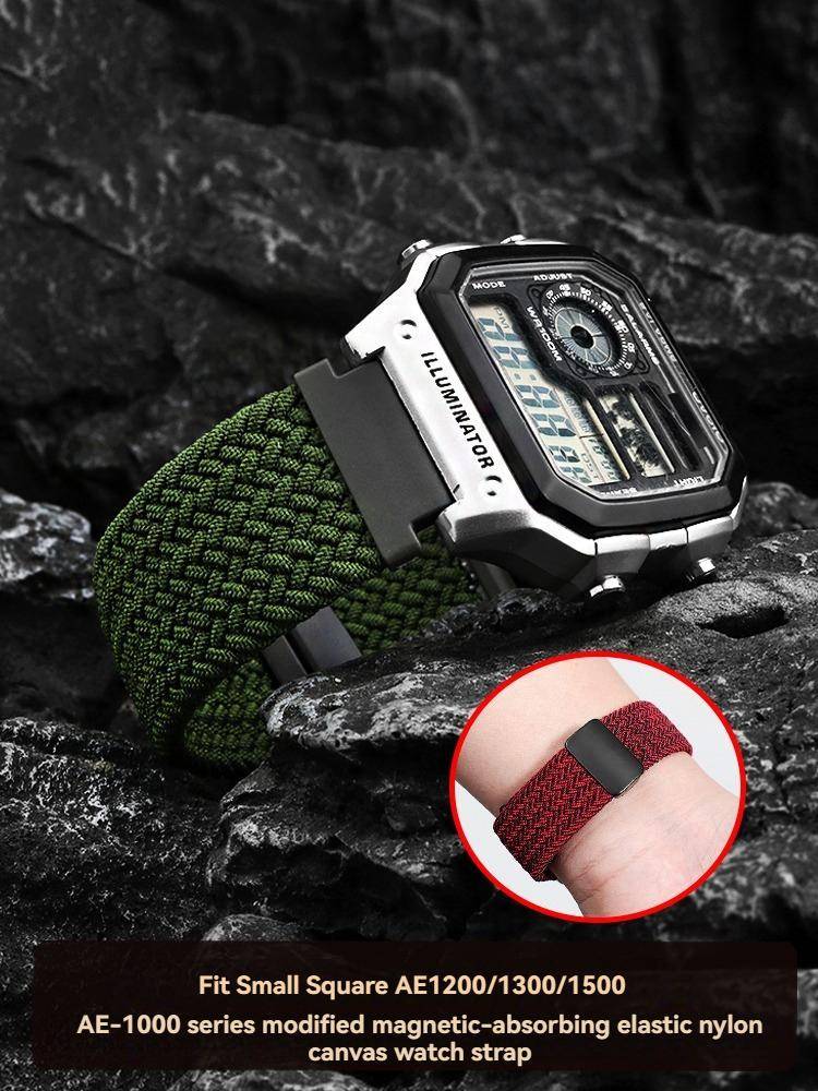 Elastiskt Nylonarmband för Casio A158 A168 A159 A169 F91W AE-1200WHD/ae1300 | Magnetiskt Spänne Snabbkoppling | Justerbart black