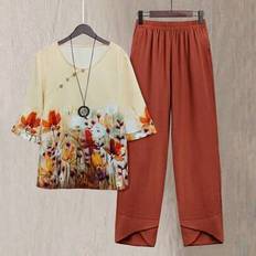 Women&#39;s Summer Casual Floral Print Fake Button Short Sleeve Loose Top With Drawstring Pants Set, Suitable For Daily, Commuting, Outdoor, Vacation Wear - Multicolor - L,M,S,XL