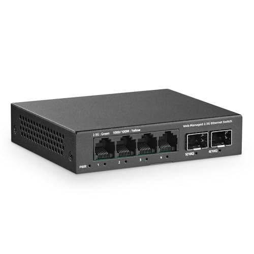 YuLinca Managed Web Easy Switch 6 portar 2,5 G, 4 x 2,5 Gbps Base-T-portar och 2 10G SFP+-platser, stöder LACP/QOS/VLAN/IGMP, Mini Metal Fanless 2,5 Gb Managed Switch
