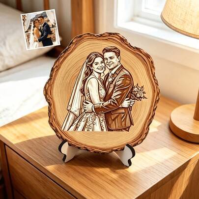 Personlig fotoplakett i trä med antik träådring, personligt brudparporträtt, minnessak med naturlig träkant, jubileumsgåva, inkluderar displayställ, u - Multifärgad (30 cm,15 cm)