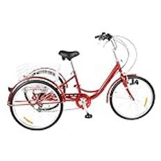 24 trehjuling för vuxna, röd, 6 växlar, cykel, vuxna, trehjuling med ljus + korg, kolstålram, justerbart styre