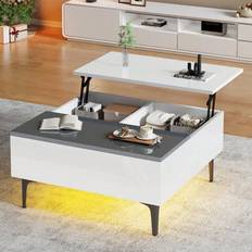 Soffbord, höj- och sänkbart soffbord med dold förvaring och hyllor, svart högglansigt vardagsrumsbord, skrivbord med LED, soffbord med lådor 70*70*35c - Vit + MDF