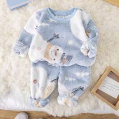 2st Baby Boy Christmas Snowman Mönster Ribbstickad rundhalsad långärmad topp & flanell Pyjamasbyxor, mjuka och bekväma, lämpliga för höst/vinter - Blått och Vitt (6-9M,9-12M,12-18M,18-24M,2-3Y)