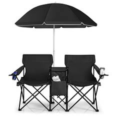 COSTWAY 2-sitsig campingstol med parasoll, kylväska, mugghållare och sidoficka, vikbar fiskestol med bärväska, vikstol, fällstol för camping, fiske, picknick (svart)