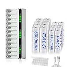 Mspalocell Paket med 16 uppladdningsbara batterier AA 3000mAh & AAA 1100mAh med laddare, USB Type-C 5V LCD-skärm snabbladdare med 12 platser för 1,2V NiMH-batterier AA AAA