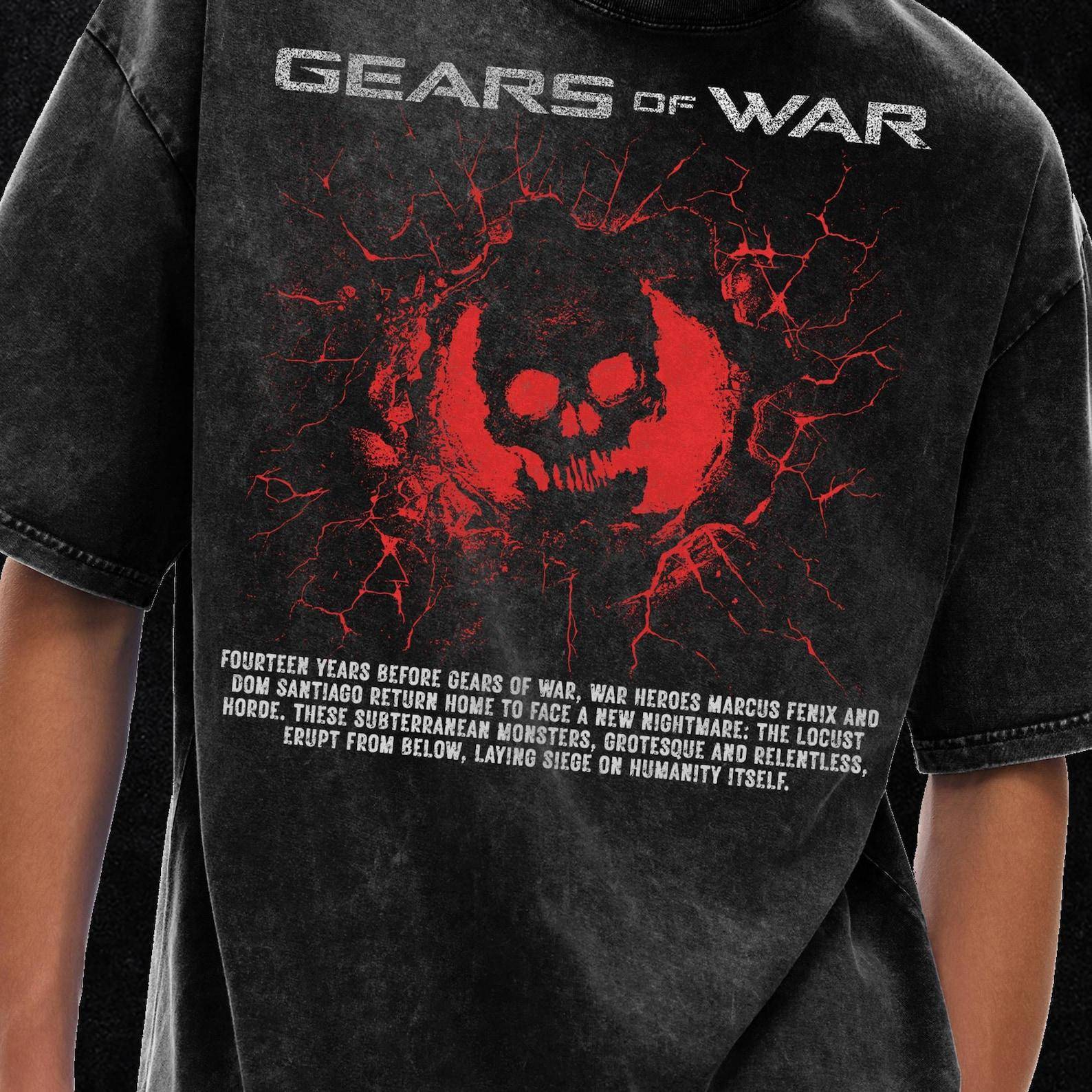 E-Day T-shirt, Gears of War T-shirt, Vintage Spel T-shirt, Syratvättad Överdimensionerad T-shirt - 250 GSM, Grunge & Goth Streetwear, Vintage Tvättat