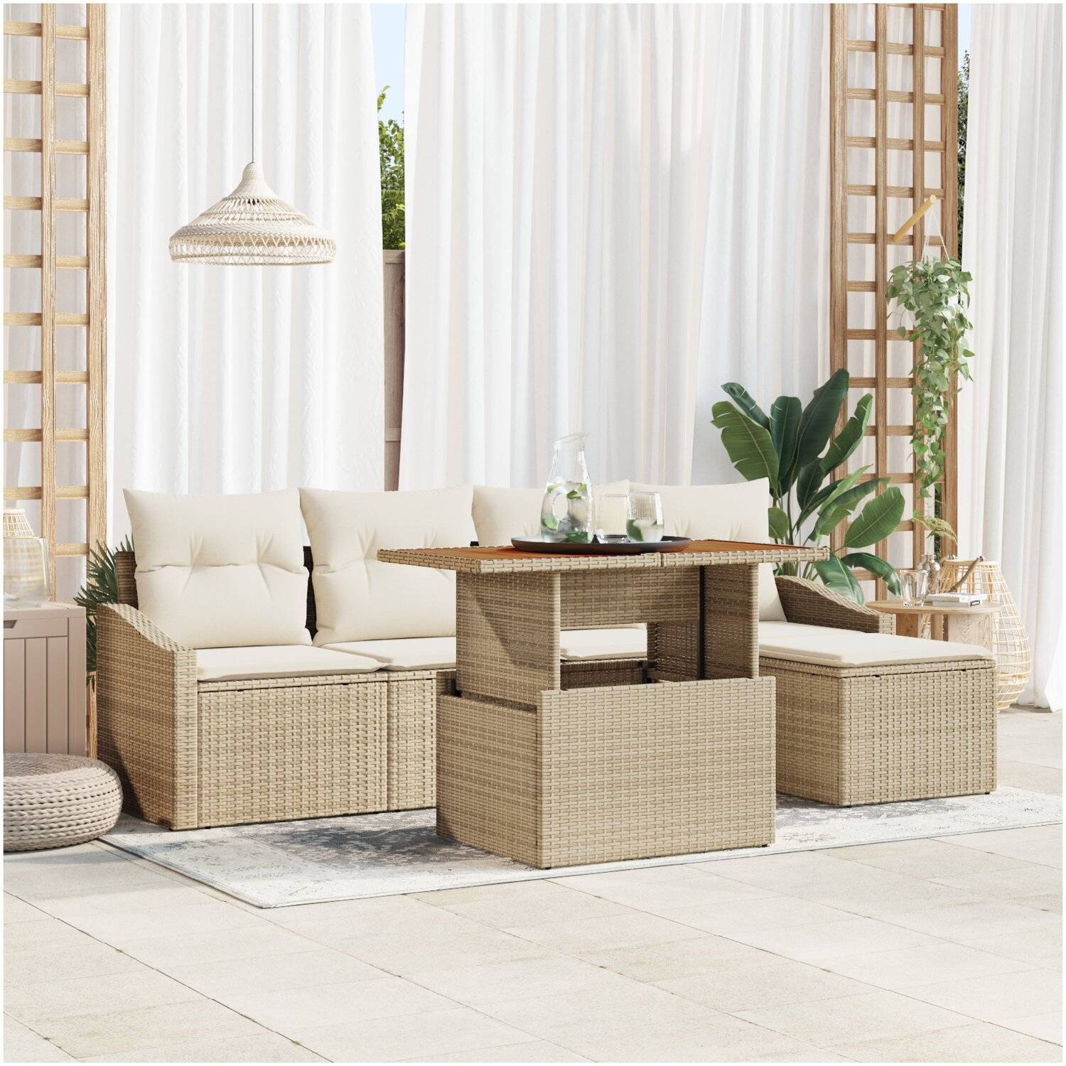 Havegruppe vidaxl - 6 delars trädgårdsgrupp med kuddar i beige poly rattan och akacia. 100 x 55 73 cm naturlig - Beige