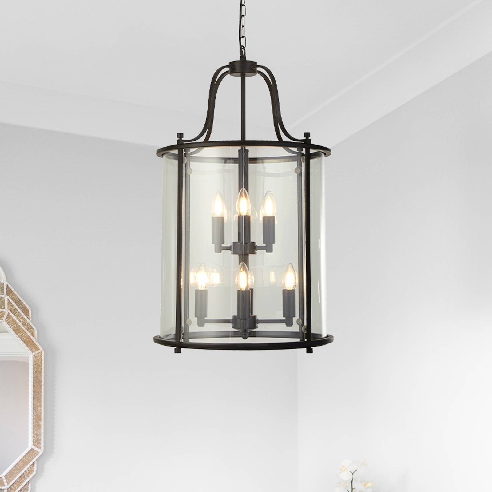 Searchlight Glas pendellampa Lantern Grande, dimbar, Svart, Vardagsrum / matsal, Metall, Modern, Pendellampa