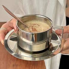 1 set 6,8 oz rostfria kaffekoppar set Espressokoppar, dubbelväggiga kaffemuggar Dryckesartiklar för latte, cappuccino, mjölk, te, till eftermiddagstef - Silver (En-Storlek)