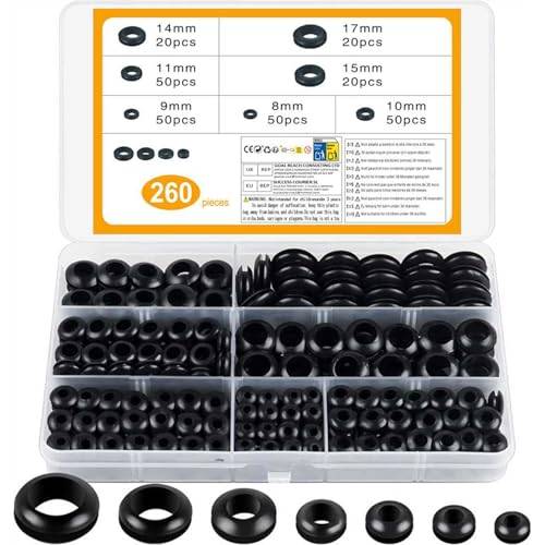 YITYDaMai Kit med 260 st gummigenomföringar, 7 olika storlekar, svarta elektriska kabelhål ledare ledningar blindning packningsring öljetter sortimentsats för att skydda trådar, pluggar, kablar hål