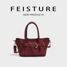 FEISTURE 1st tygväska i PU-läder med remdesign, enfärgad fashionabla mor-barn liten handväska med magnetlås, inkluderar avtagbar axelrem, lämplig för - Bourgogne