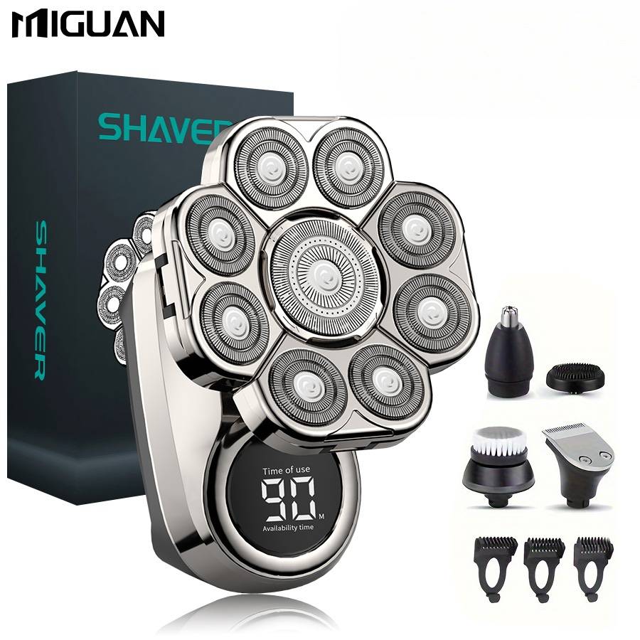 Electric Head Hair Shaver For Hair Cutting, Mens Cordless Rechargeable Wet/ Dry & Bald Head Razor With Rotary , Clippers, Nose Trimmer, Brush, Massager, 9 Blade Electric Shaver