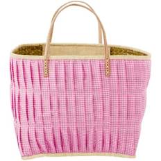 Rice Raffia Shopping Bag - Fabric Covered - Leather Handles - Dark Pink Vichy - Large