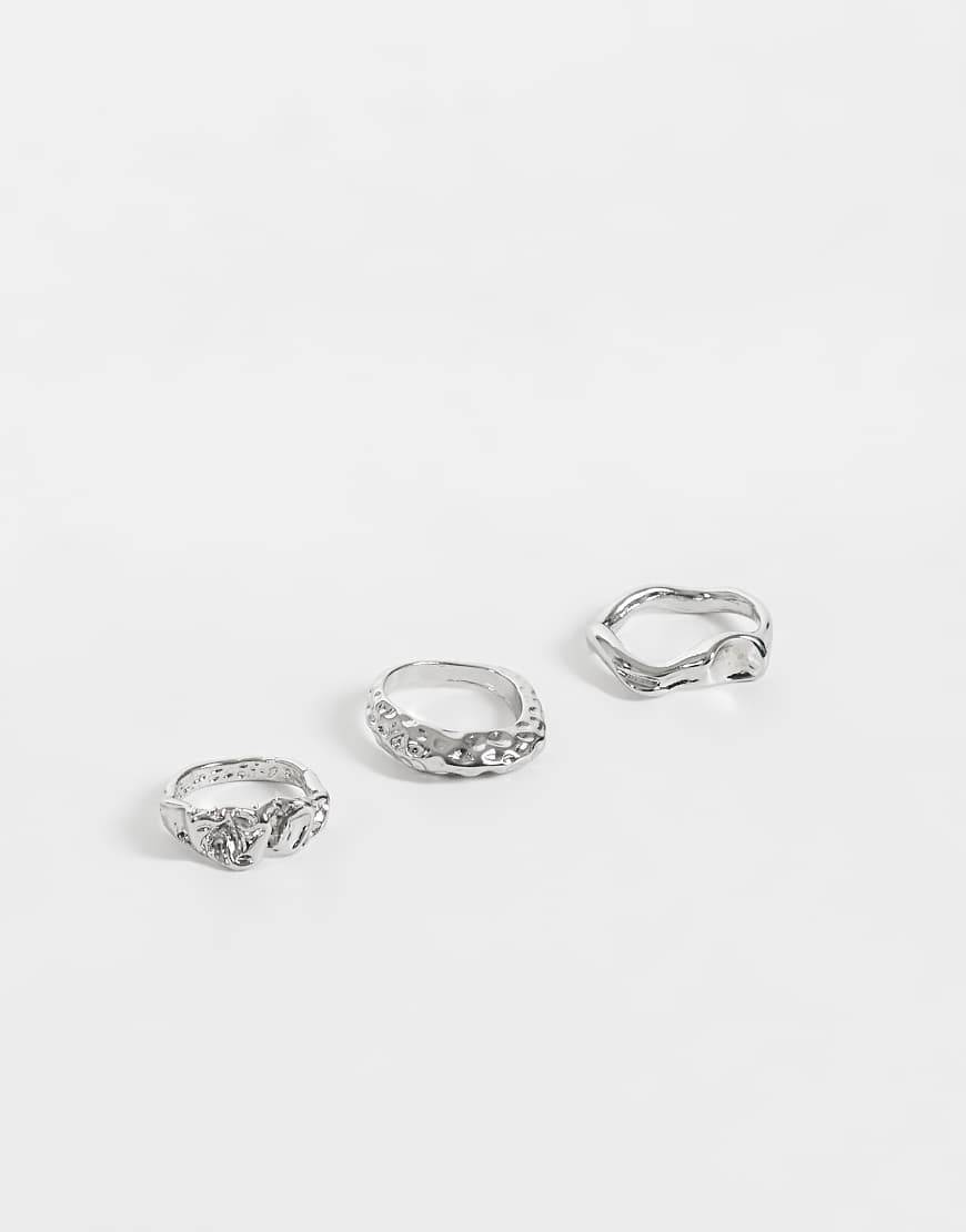 Reclaimed Vintage unisex pakke med 3 smeltede ringe i sølv - S-M