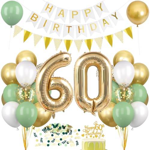 Montrestar 60-års födelsedagsdekoration, grönguld: ballong 60-talet, konfetti, Happy Birthday-girlang för män och kvinnor