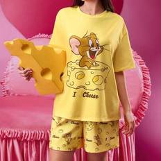 Kvinnor Gul ost Jerry Tecknadt tryck Pyjamas Kortärmad Set Kvinnor Sovkläder Jul Pyjamas Alla hjärtans dag Rolig T-shirt Vår & Sommar 2 delar Set Dam - Gul - L,M,S,XL,XS,XXL,XXS,XXXL,XXXXL
