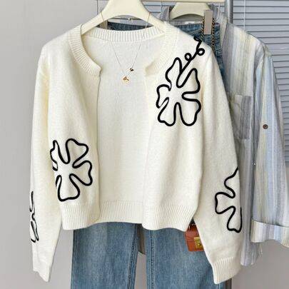 Barn- och tonårstjejers kofta för höst/vinter, ny basic enfärgad aprikos, avslappnad elegant vardagskofta i texturerad stickning med blommönster, kort - Vitt (14Y,13Y,16Y,15Y)