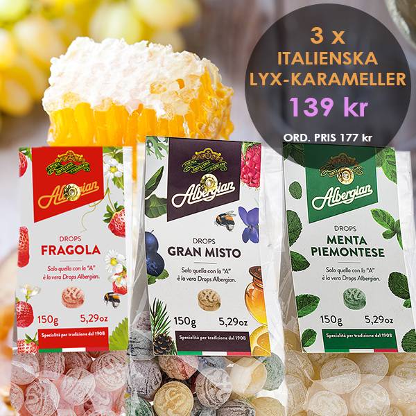 Albergian Drops, 3 sorters italienska lyxkarameller