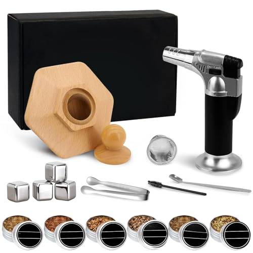 Cocktail rökare kit med fackla, drinkrökare kit med 6 smaker träflis, 4 whiskystenar, whiskyrökare kit för infusion cocktail, bärbar cocktail-rökare gåvor för män (ingen butan)