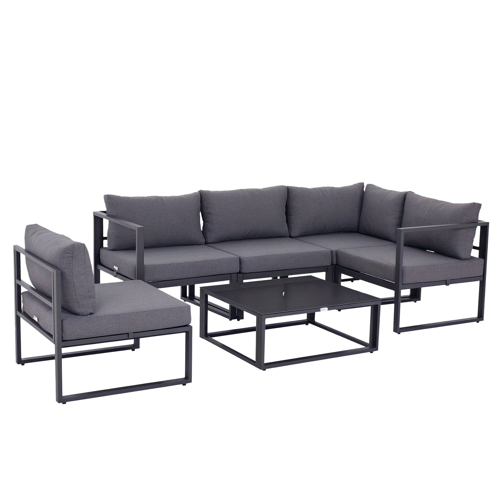 6-delt havemøbelsæt, havesofasæt, siddegruppe, havemøbler, aluminium + polyester + hærdet glas, grå, 4 x lænestole, 1 x hjørnesofa, 1 x sidebord, hynder, til 4-5 personer