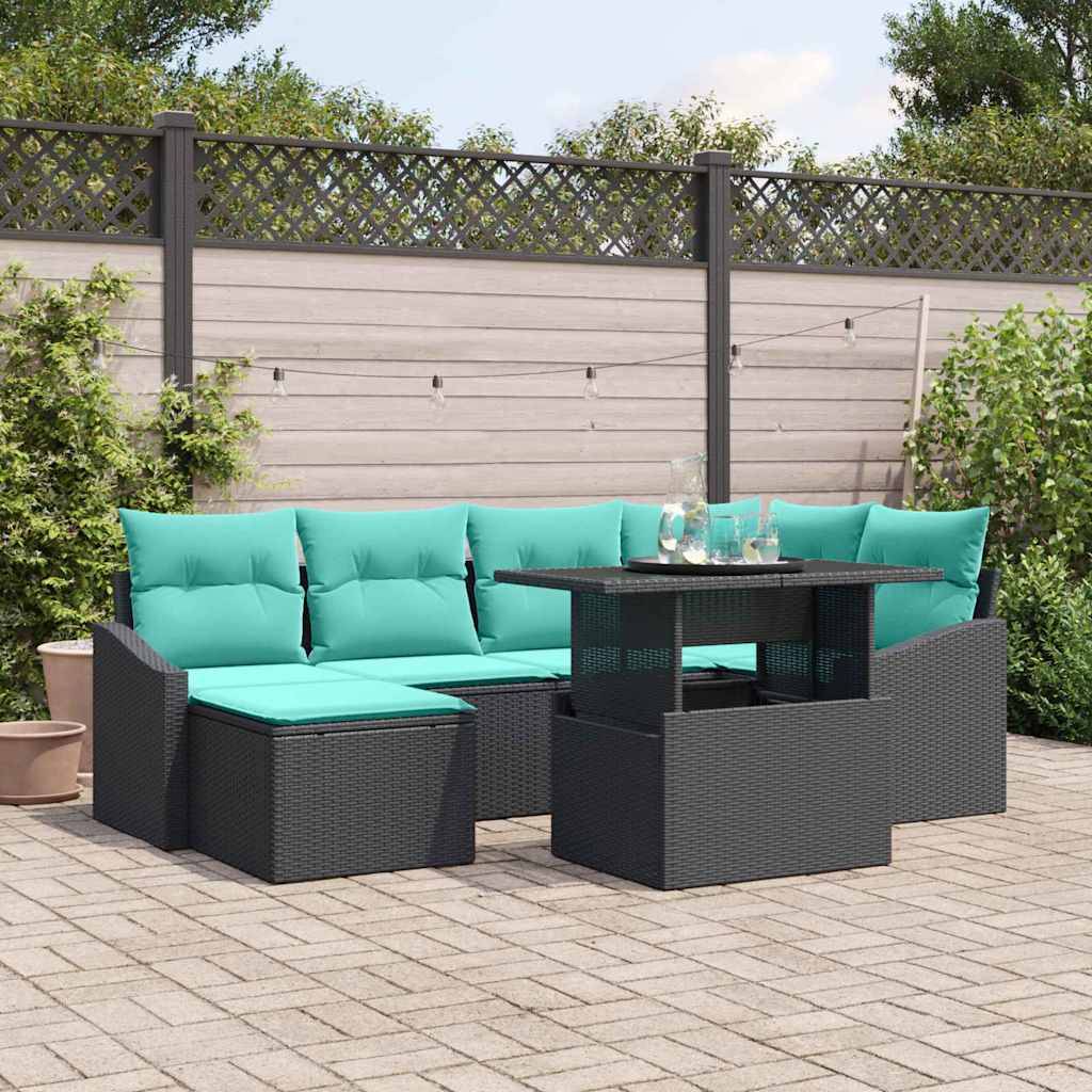 Sofa Sæt 7 stk. Sort og Blå Poly rattan