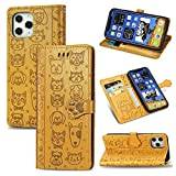 SATURCASE Apple iPhone 12 Pro Max fodral, söt katt och hund PU-läder flip magnet plånboksstativ kortplatser skyddsfodral med handrem för Apple iPhone 12 Pro Max (gul)