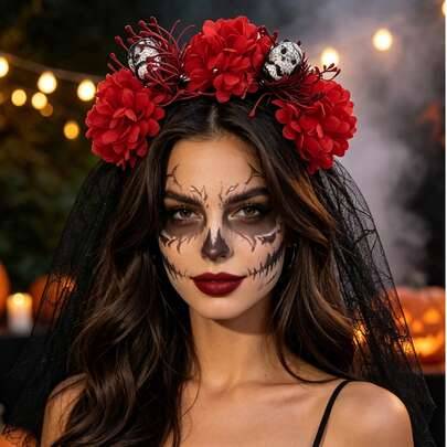 1 st Halloween Day of the Dead blomsterdödskalle-diadem med svart spetsslöja, gotisk brud blomsterhuvudbonad, cosplay-kostym hårtillbehör för fest - Multifärgad (Black-A,Red-B,Röd-E,Orange-C,Orange-D)