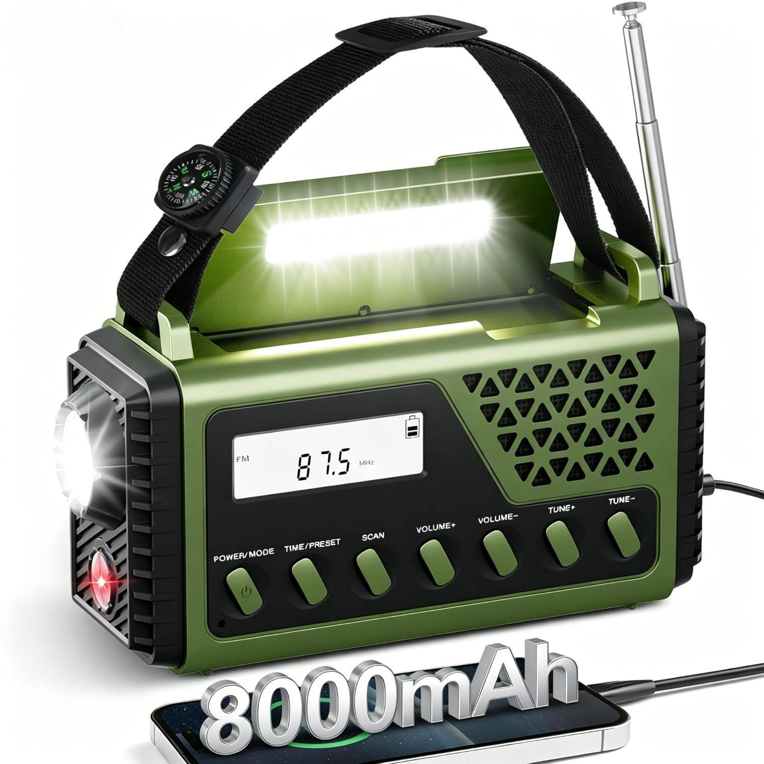 Sol-vevradio med Bluetooth, Nödrradio AM/FM/SW med 8000 mAh USB-powerbank, SOS-larm Kompass LED-ficklampa Läslampa